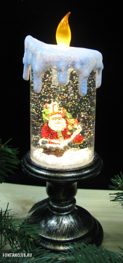 Новогодний Фонарь - свеча на ножке, Санта взбирается на трубу, антикварное золото, с водой, с блестками внутри Н*L*W=25*10*10,
