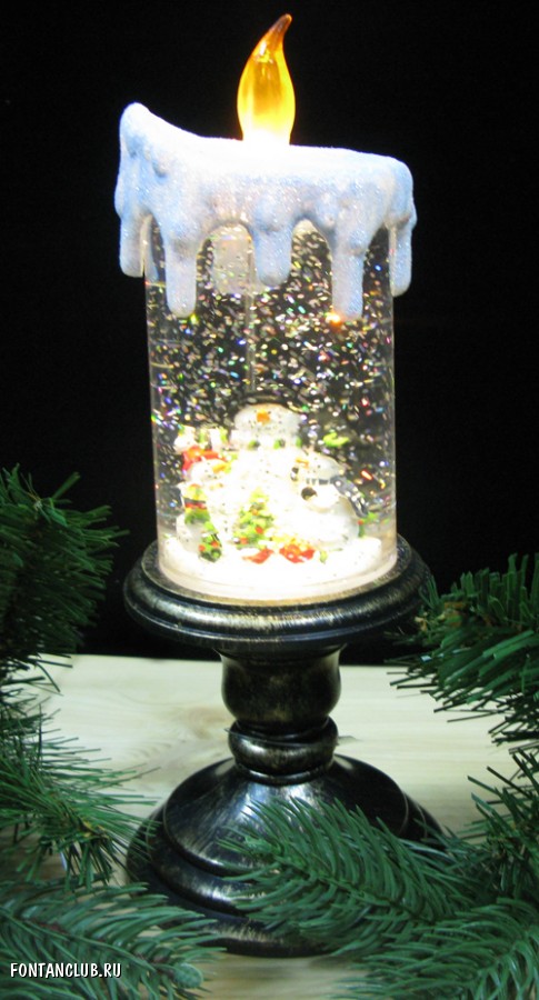 Новогодний Фонарь - свеча на ножке, Снеговик, антикварное золото, с водой, с блестками  внутри, Н*L*W=25*10*10